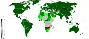 A map of the world showing countries shaded by...